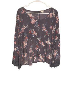 En Creme Women's Size Small Gray Shear Boho Floral Blouse